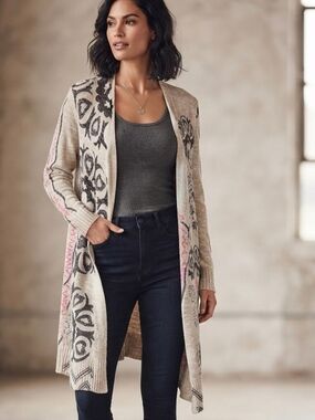 Desigual Boho Longline Knit Cardigan In Oatmeal Size Large